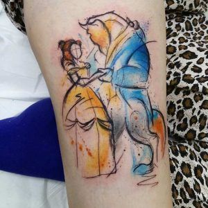 Abstract watercolor-style tattoo of Belle and the Beast dancing, featuring bold sketch-like lines with vibrant blue and orange splashes.