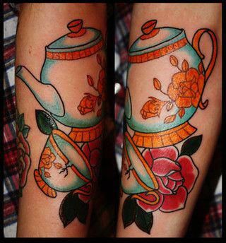 Traditional-style tattoo of a teapot and teacup inspired by Mrs. Potts and Chip, featuring bold outlines, roses, and warm colors.