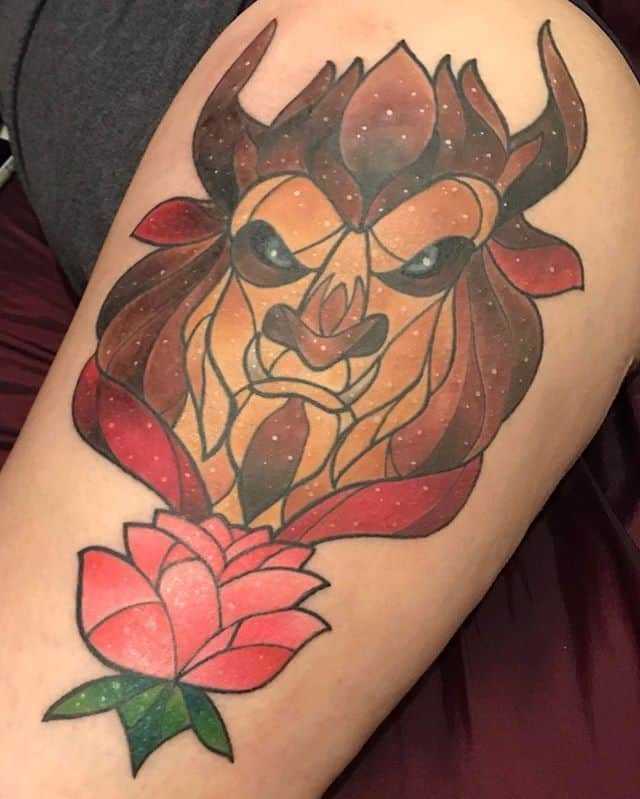 Stylized geometric tattoo of the Beast’s face with an enchanted rose, featuring bold lines, warm tones, and a starry texture.