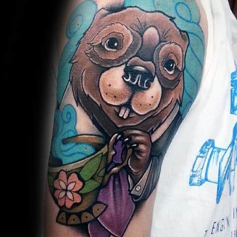 Whimsical beaver tattoo in a suit adjusting a tie, featuring floral and swirl designs with a playful, cartoonish expression.