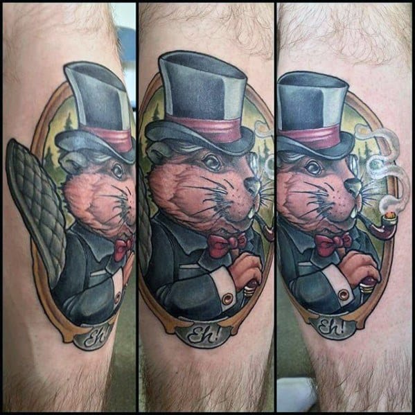 Classy beaver tattoo in a suit and top hat, smoking a pipe with swirling smoke, framed in an oval with vintage vibes.