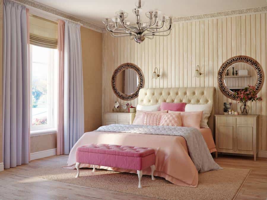 elegant french country bedroom chandelier pink ottoman wall mirrors 
