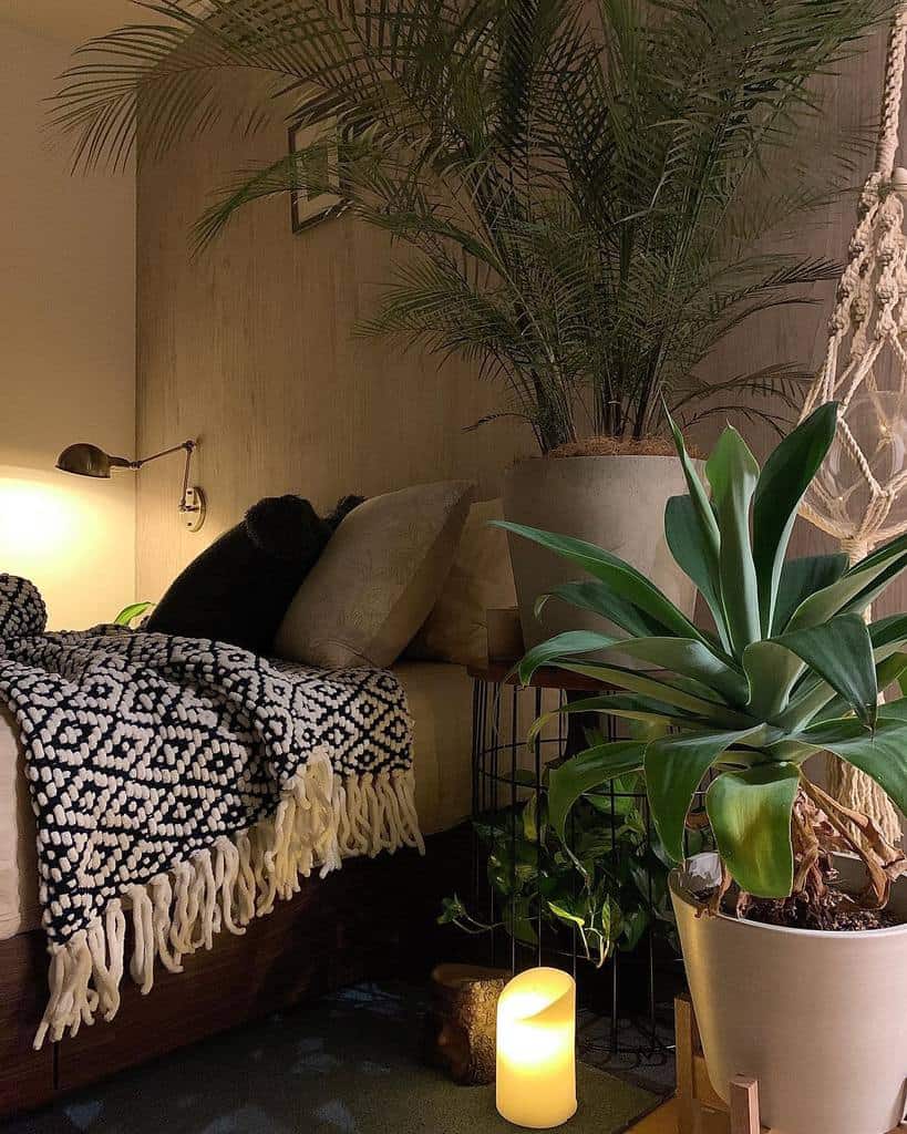 bedroom indoor garden large cement pot plants candle 