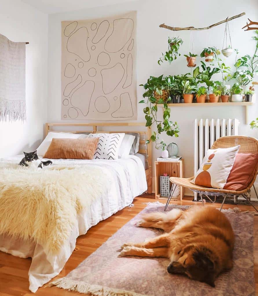 boho bedroom accent chair wood frame bed wall shelf with plants 