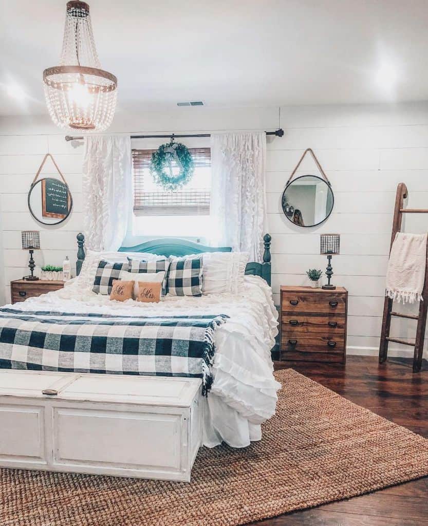 quaint modern farmhouse bedroom with white chest