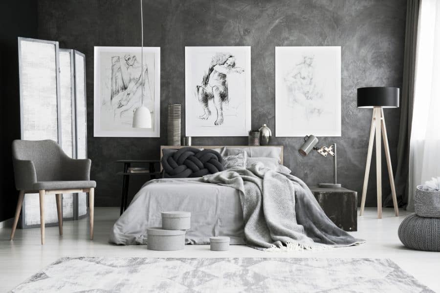masculine gray bedroom with large canvas wall art
