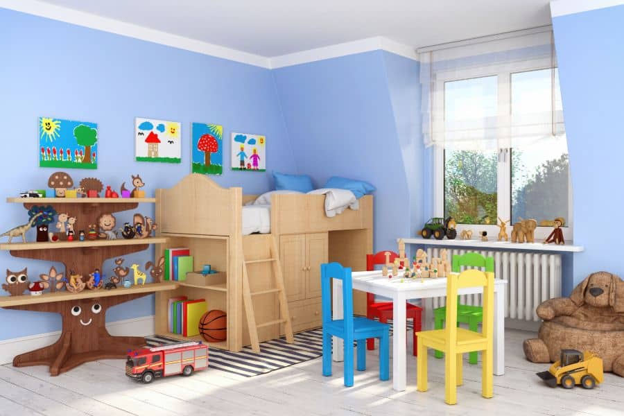 blue kids bedroom with toys