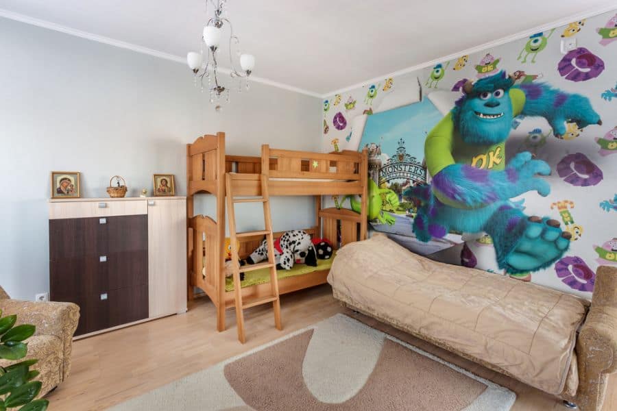 kids bedroom monsters inc wallpaper wood bunk beds sofa