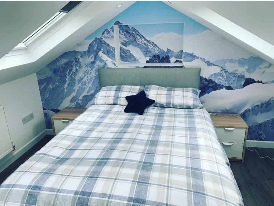 attic bedroom with skylight and mountain wall mural