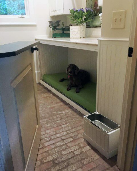 built-in dog room with cushion in laundry 
