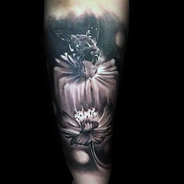 Bee On Flower Mens Forearm Sleeve Tattoo