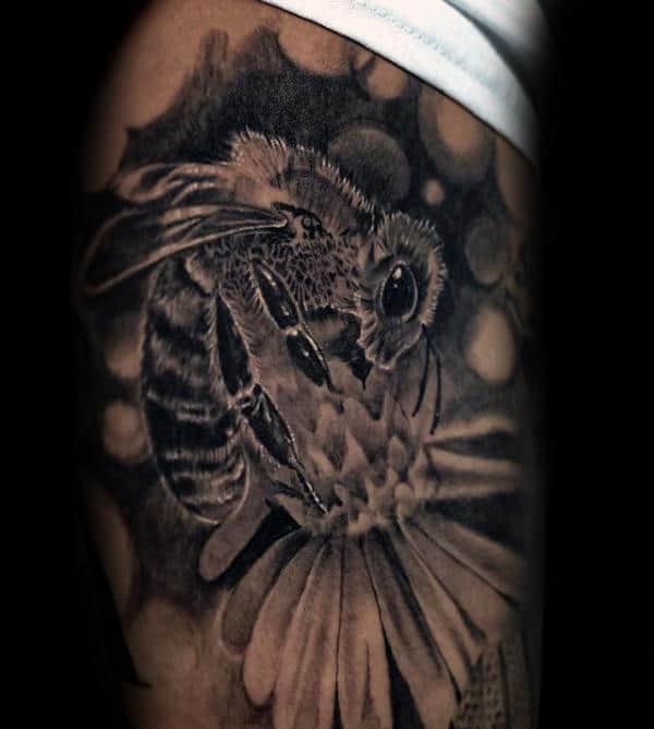 Bee With Flower Mens Shaded Bicep Tattoo Design Ideas