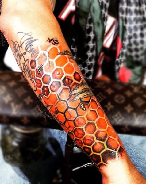 Bees On Amber Colored Honeycomb Tattoo Mens Forearms