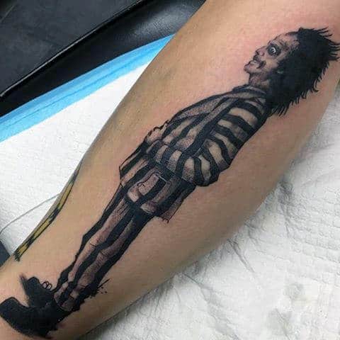 Beetlejuice Figure Mens Outer Forearm Tattoo With White And Black Ink Design