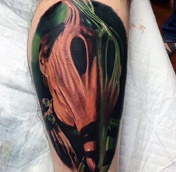 Beetlejuice Mask Mens Leg Tattoo Design Inspiration
