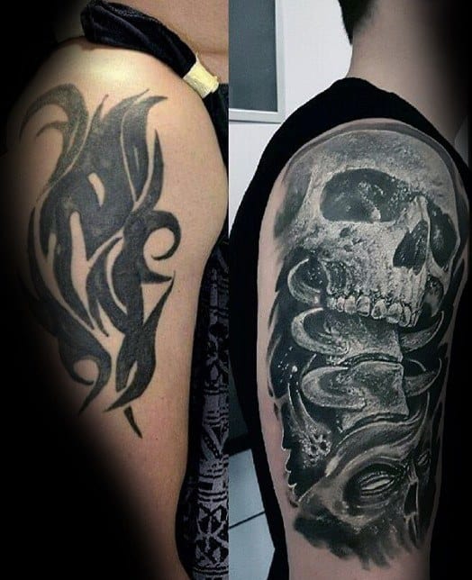 Before And After Mens Cover Up Skull Arm Tattoo Ideas