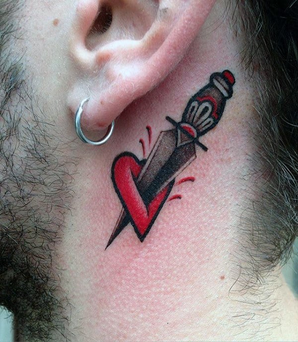 Behind The Ear Dagger With Heart Mens Traditional Tattoos