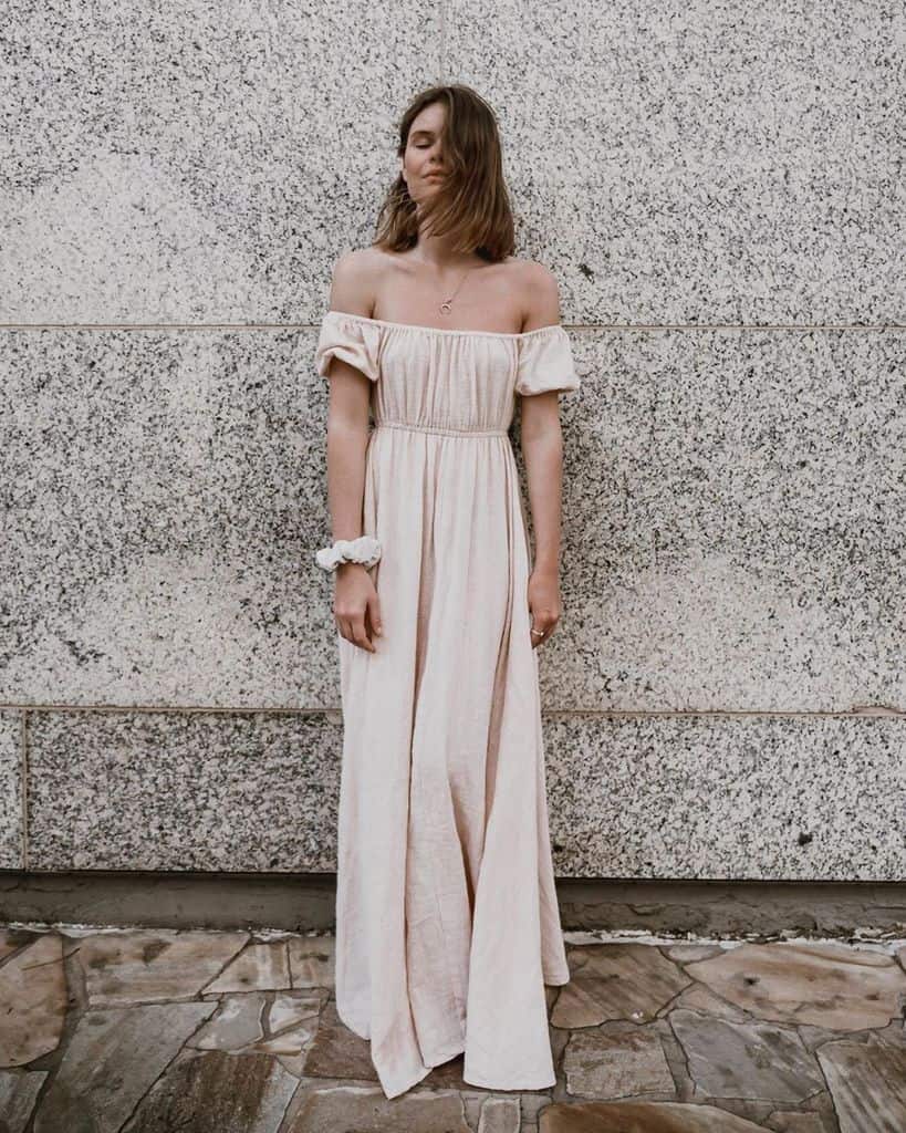 Beige Long Dress Off Shoulder Outfit