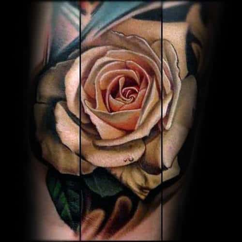 A realistic tattoo of a blooming rose with green leaves