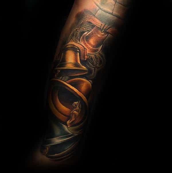 Bells With Sloth Hanging On Inside Mens Sleeve Tattoo