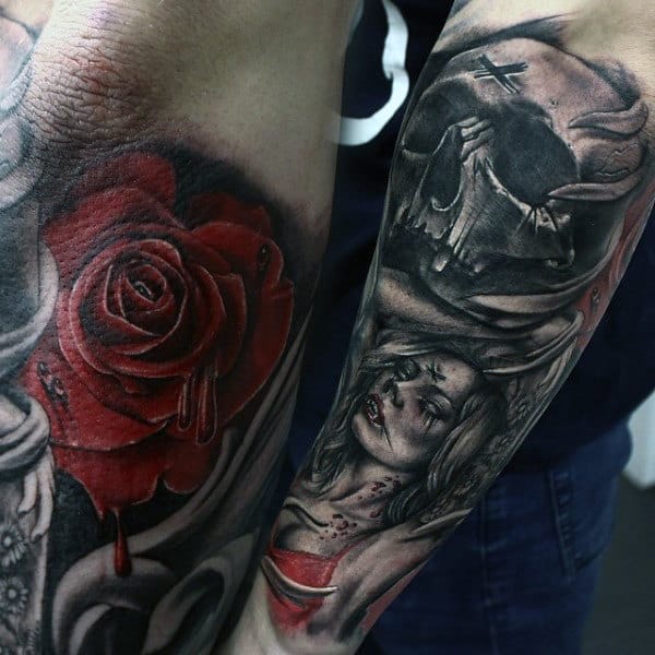 Below Elbow Vampires Tattoos For Men With Red Rose And Black Ink
