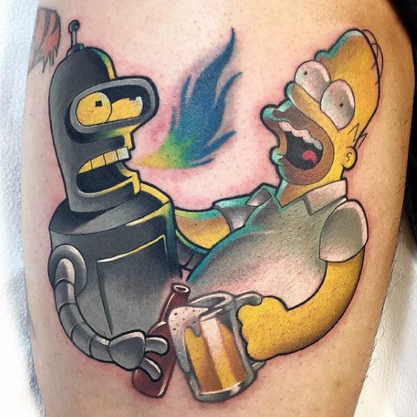 Bender And Homer Simpson Cartoon Futurama Tattoo On Man