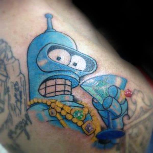 Bender Wearing Jewels Mens Futurama Back Shoulder Tattoo