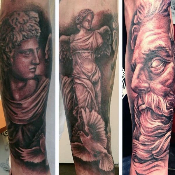 Tattoo designs featuring classical statues and a dove in grayscale