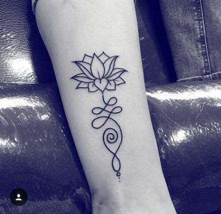Unalome tattoo with a lotus on the forearm, symbolizing spiritual enlightenment, growth, and the journey toward inner peace.