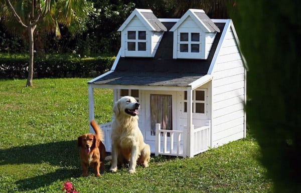 Charming dog house with a white exterior, featuring two windows, a front porch, and a roof with two dormer windows, with two dogs standing outside