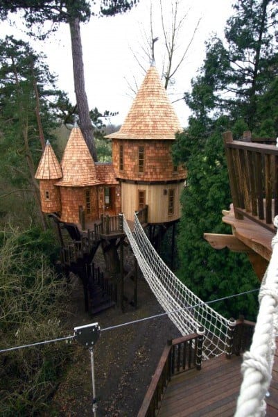 Wooden treehouse with conical roofs connected by a rope bridge in a forest setting