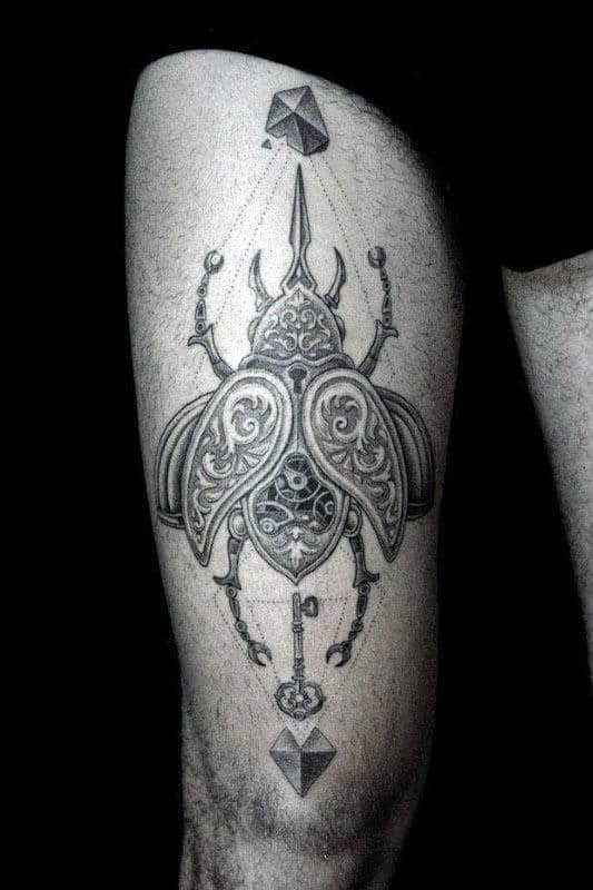 Bettle Pointillism Mens Thigh Tattoos
