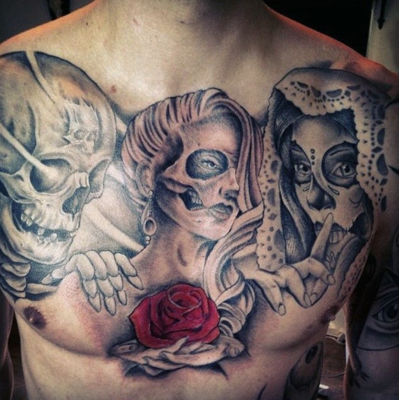 Bewitching Ladies Rose Day Of The Night And Skull Tattoo Mens Chest