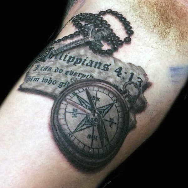 Bible Quote With Compass Bicep Tattoos Of Rosary On Man