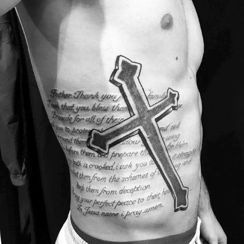 Bible Verse Quote With Cross Guys 3d Rib Tattoos