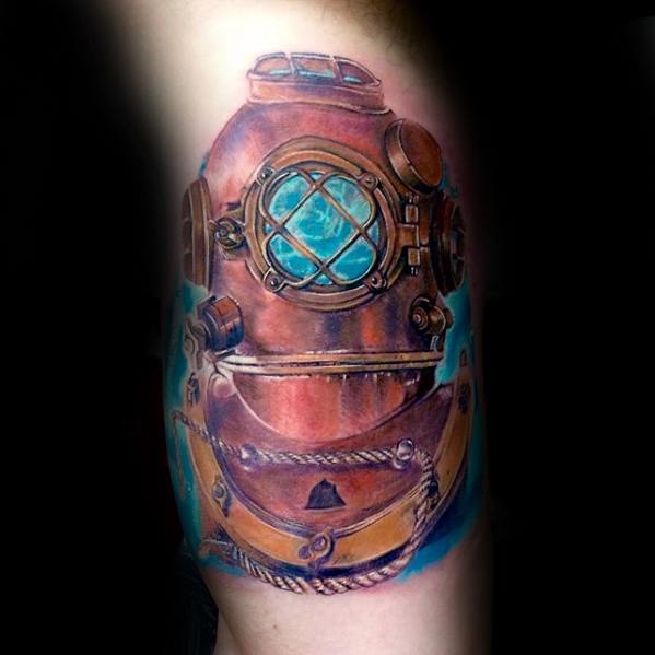 Bicep Arm Diving Helmet Tattoo Design On Man