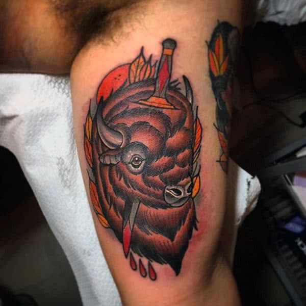 Bicep Bison With Sword Tattoos For Men