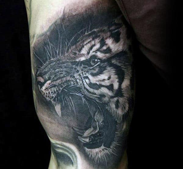 Bicep Black Ink Tiger Male Tattoo Inspiration