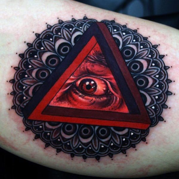 Bicep Blazing Red Triangle Eye Tattoo For Men