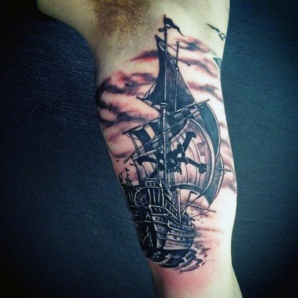 Bicep Clipper Ship Tattoo For Men