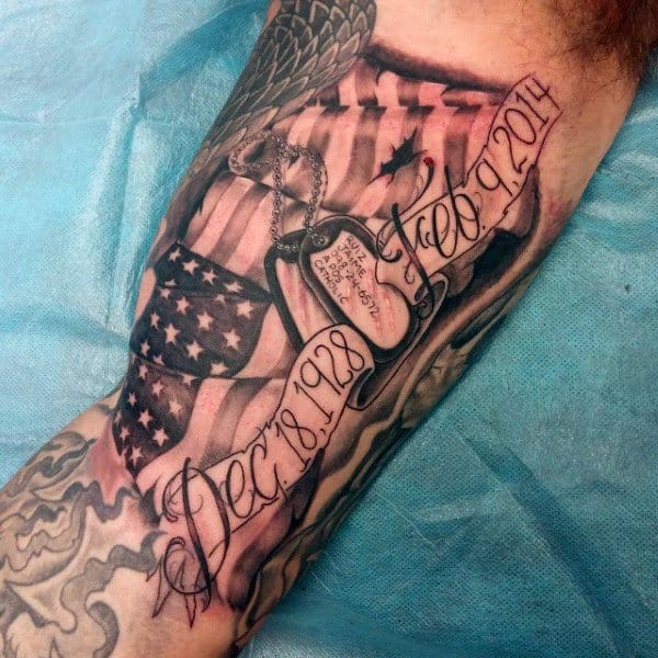 Bicep Dog Tag Tattoos For Males With American Flag