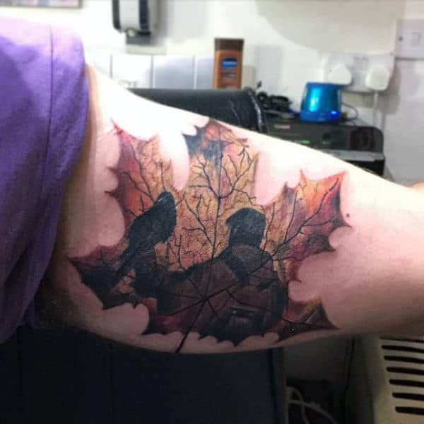 Bicep Fall Leaf Tattoos For Guys