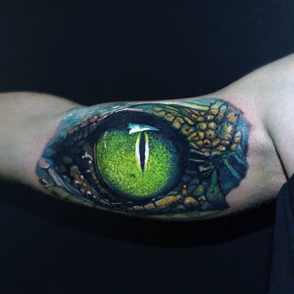 Bicep Green Hyper Realistic Dragon Eye Tattoo On Gentleman