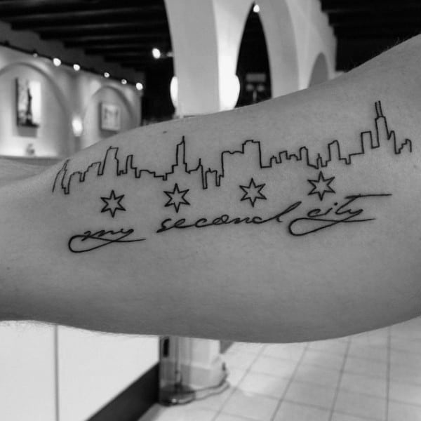 Bicep Guys Chicago Skyline Black Ink Line Tattoo