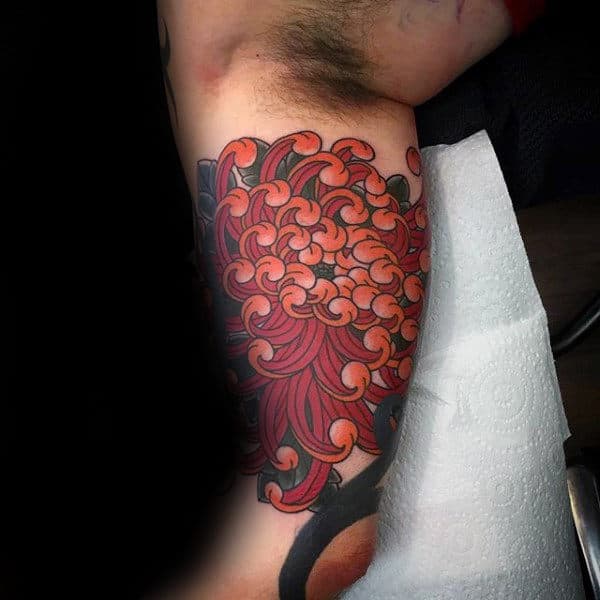 Bicep Guys Chrysanthemum Red And Orange Floral Tattoos