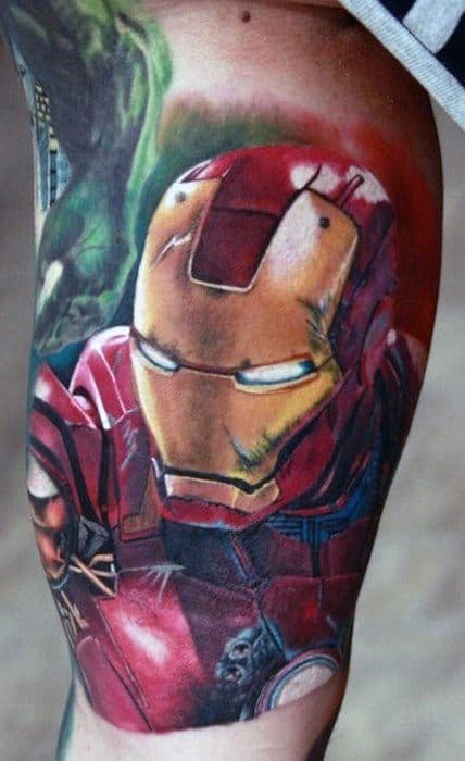 Iron Man tattoo featuring a vibrant and detailed close-up of his helmet and armor, with a dynamic background featuring the Hulk, blending the two iconic characters in a powerful design.