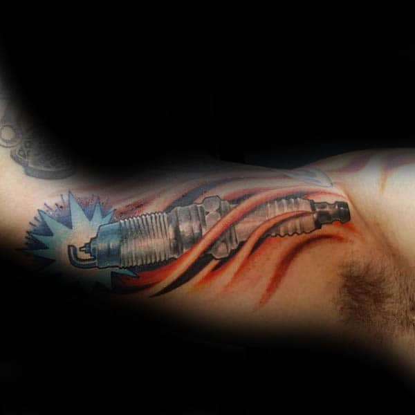 Bicep Inner Arm Guys Spark Plug Tattoos With Blue Ink Spark At End