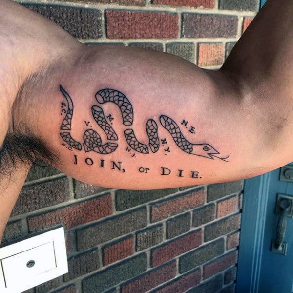 Bicep Male Join Or Die Tattoo Designs