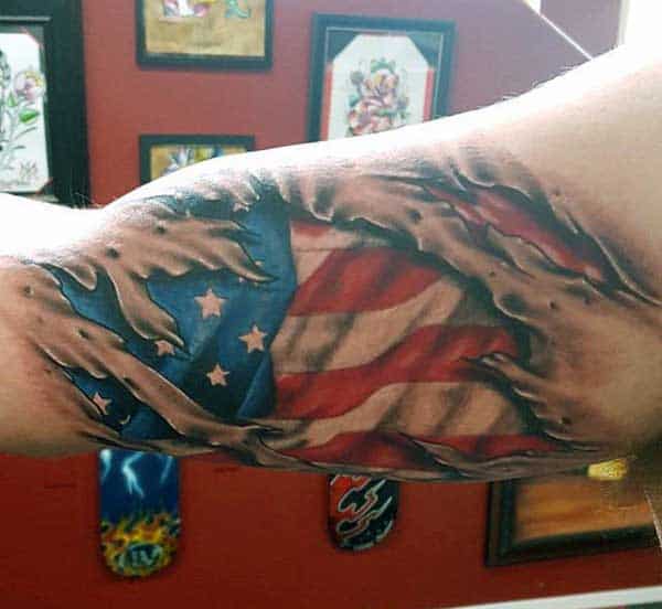 Bicep Male Ripped Skin American Flag Tattoos