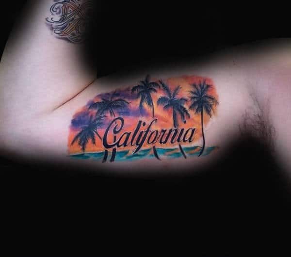 Bicep Mens California Ocean Palm Tree Tattoo